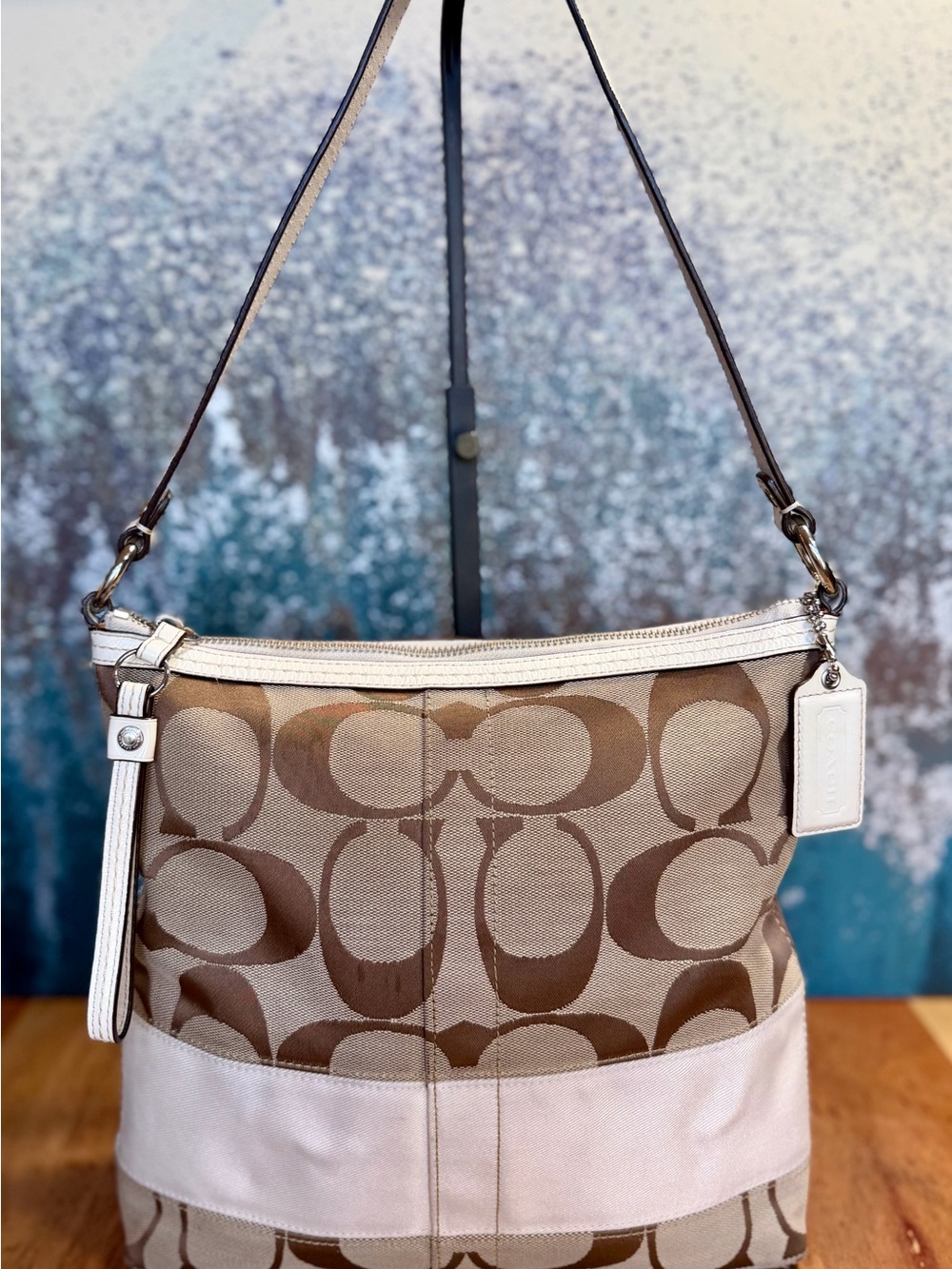 Coach Y2K 2009 Signature Stripe Canvas Hobo Bag Khaki Ivory GUC - Picture 13 of 17